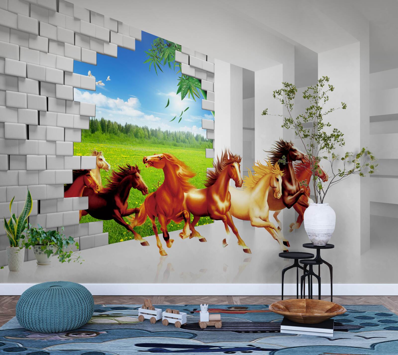 Fototapeta z łąki spieszą się przedstawiciele różnych ras koni