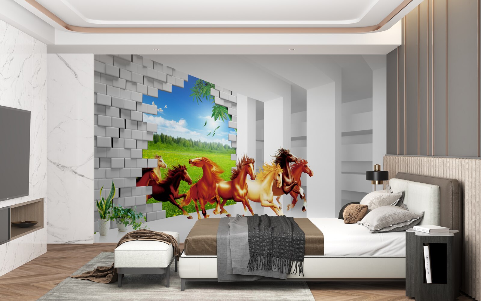 Fototapeta z łąki spieszą się przedstawiciele różnych ras koni