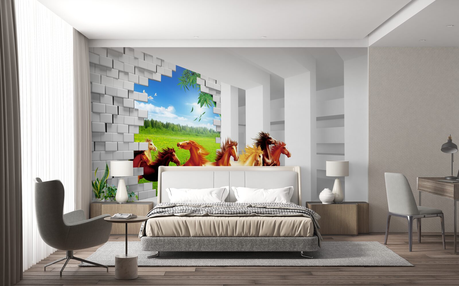 Fototapeta z łąki spieszą się przedstawiciele różnych ras koni