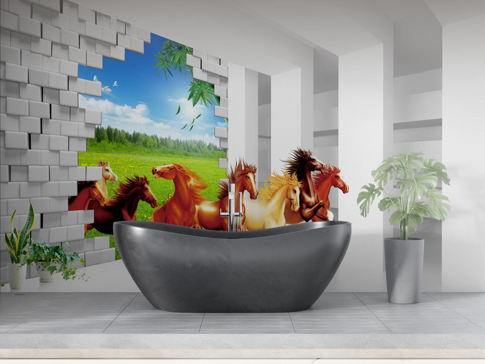 Fototapeta z łąki spieszą się przedstawiciele różnych ras koni