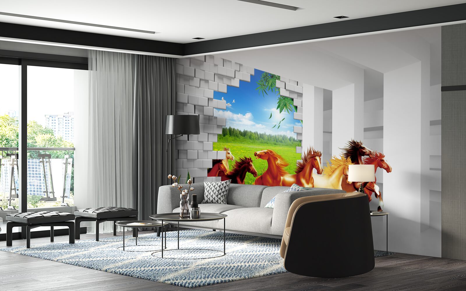 Fototapeta z łąki spieszą się przedstawiciele różnych ras koni