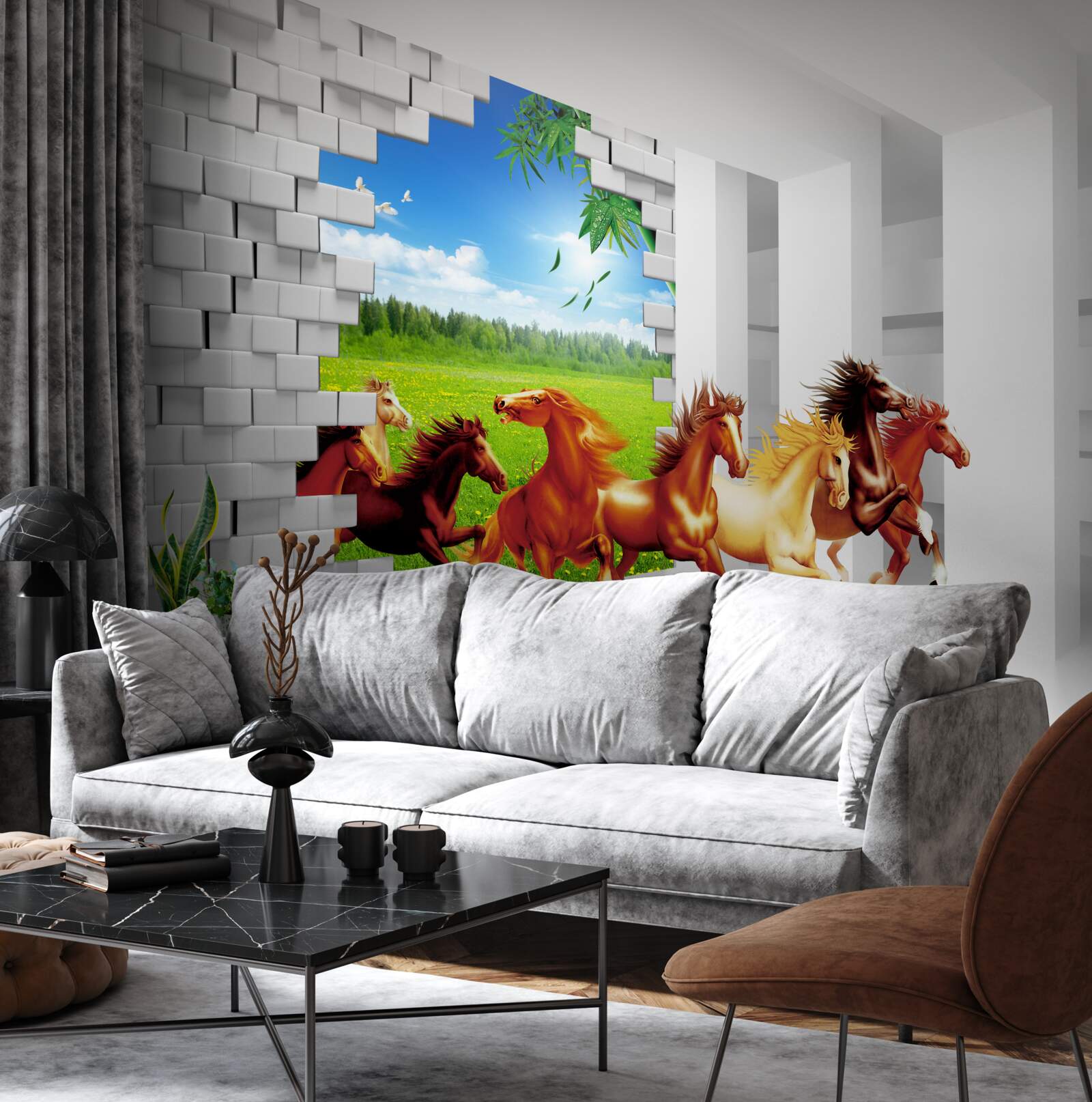 Fototapeta z łąki spieszą się przedstawiciele różnych ras koni