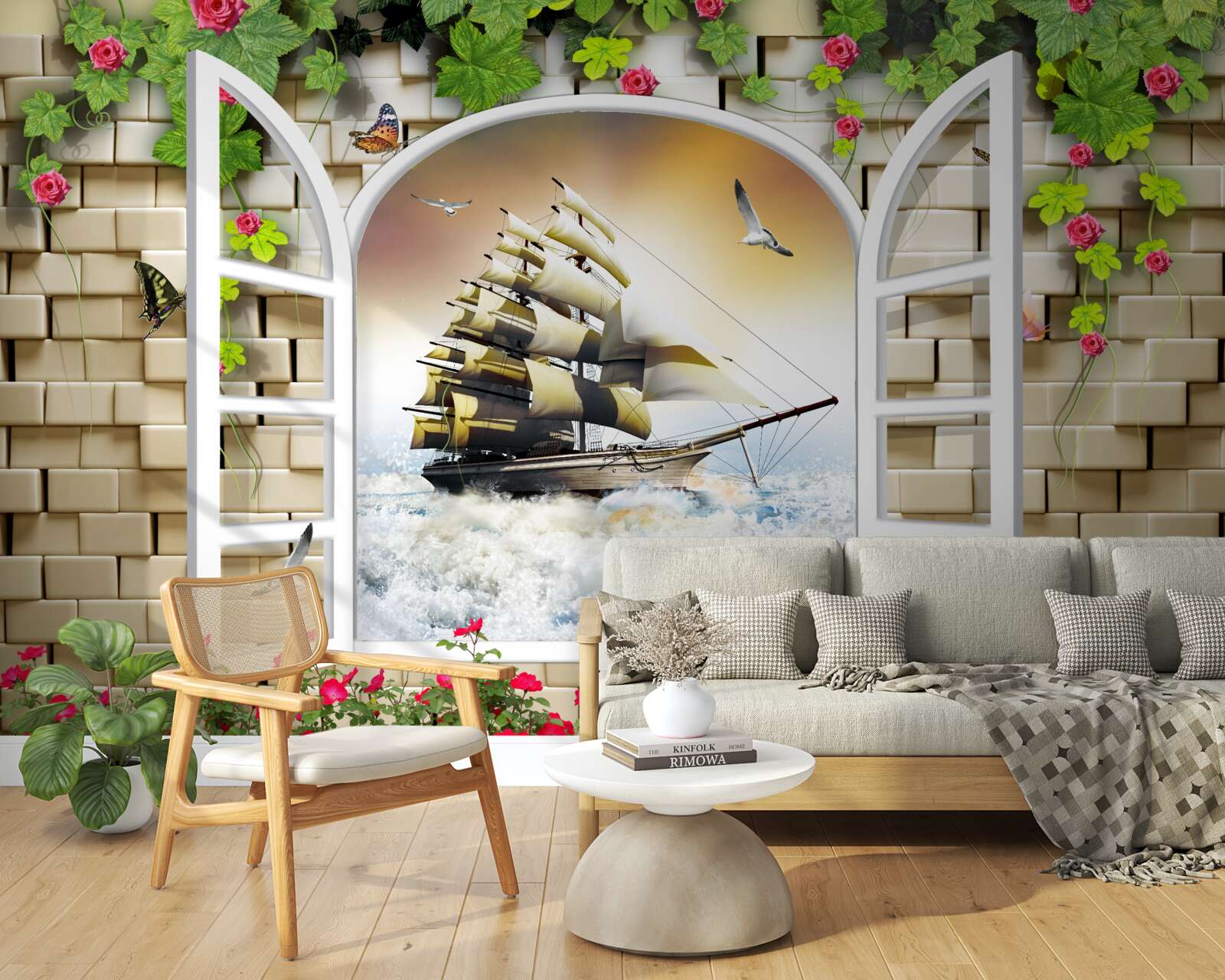 Fototapeta okno z panoramicznym widokiem na żaglówkę