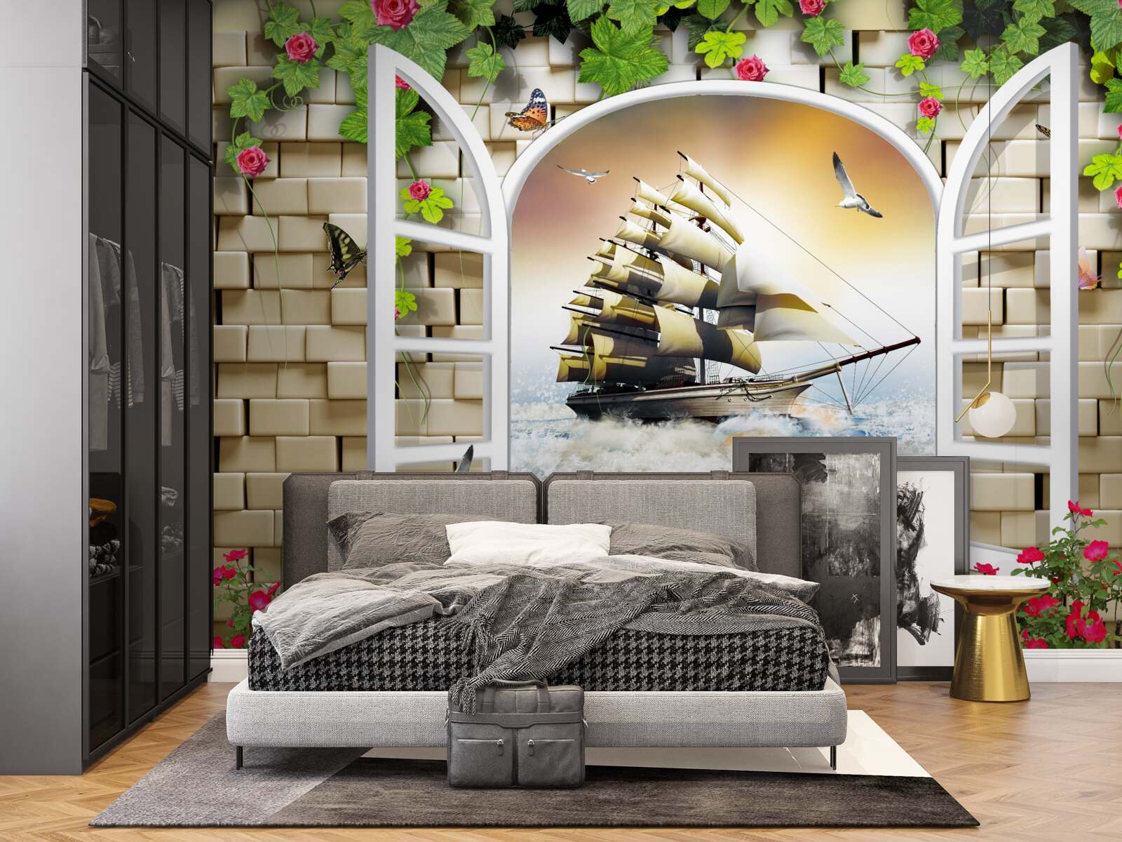 Fototapeta okno z panoramicznym widokiem na żaglówkę