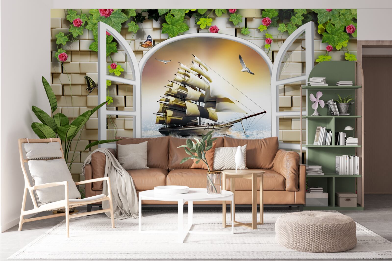 Fototapeta okno z panoramicznym widokiem na żaglówkę