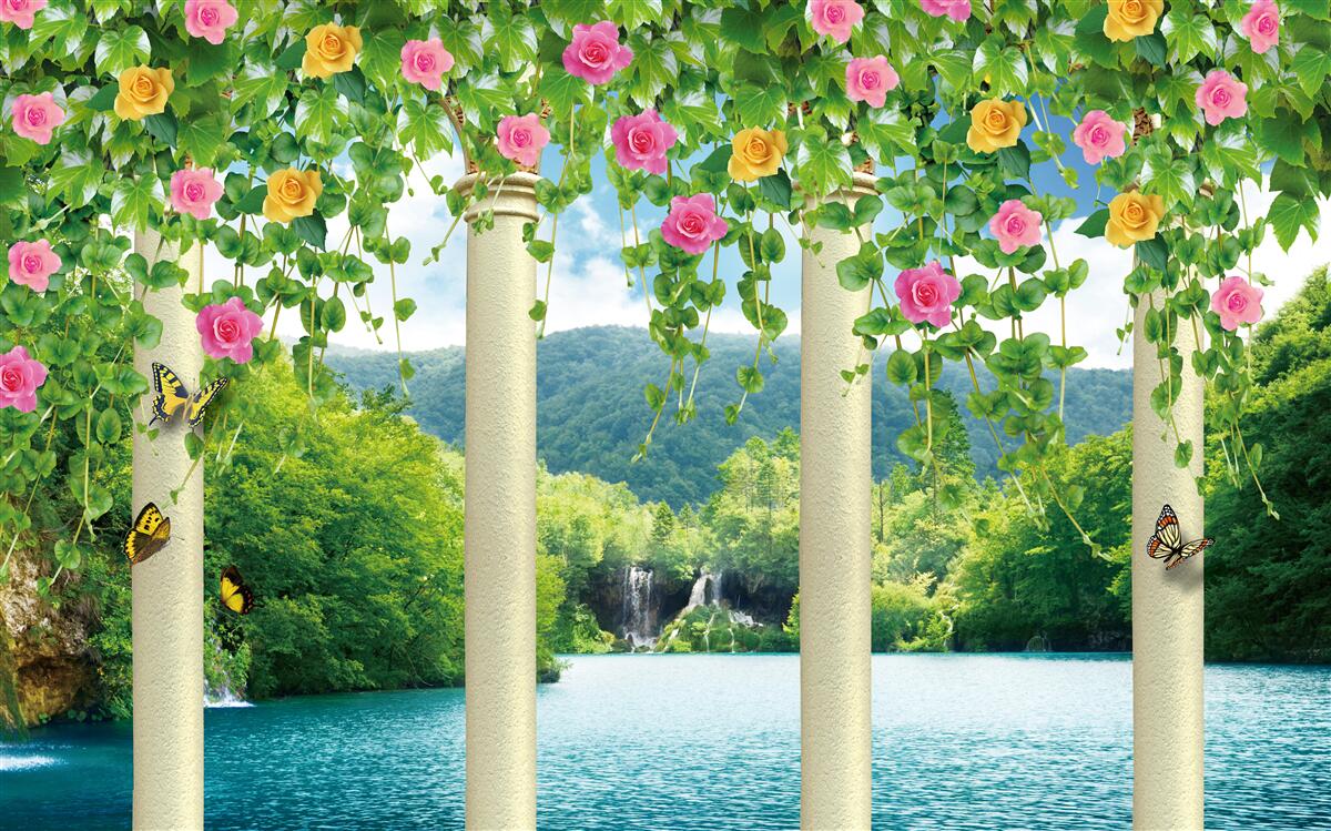 Fototapeta uroczy widok na wodospad poprzez kolory kwiatów