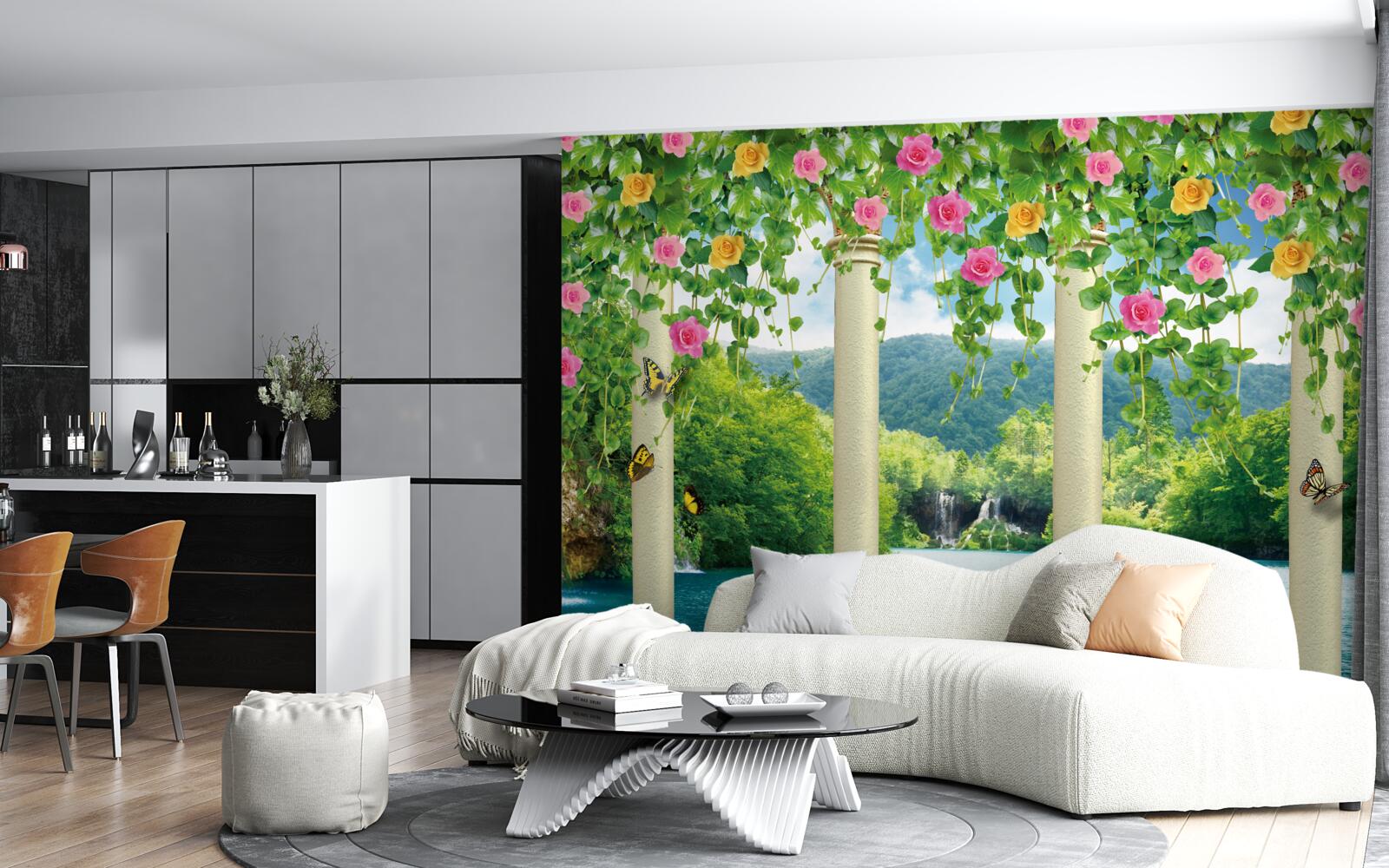 Fototapeta uroczy widok na wodospad poprzez kolory kwiatów