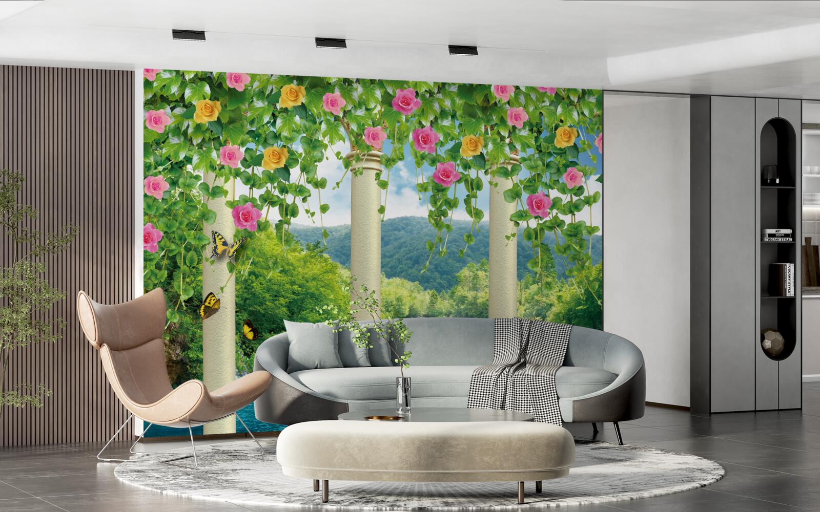 Fototapeta uroczy widok na wodospad poprzez kolory kwiatów