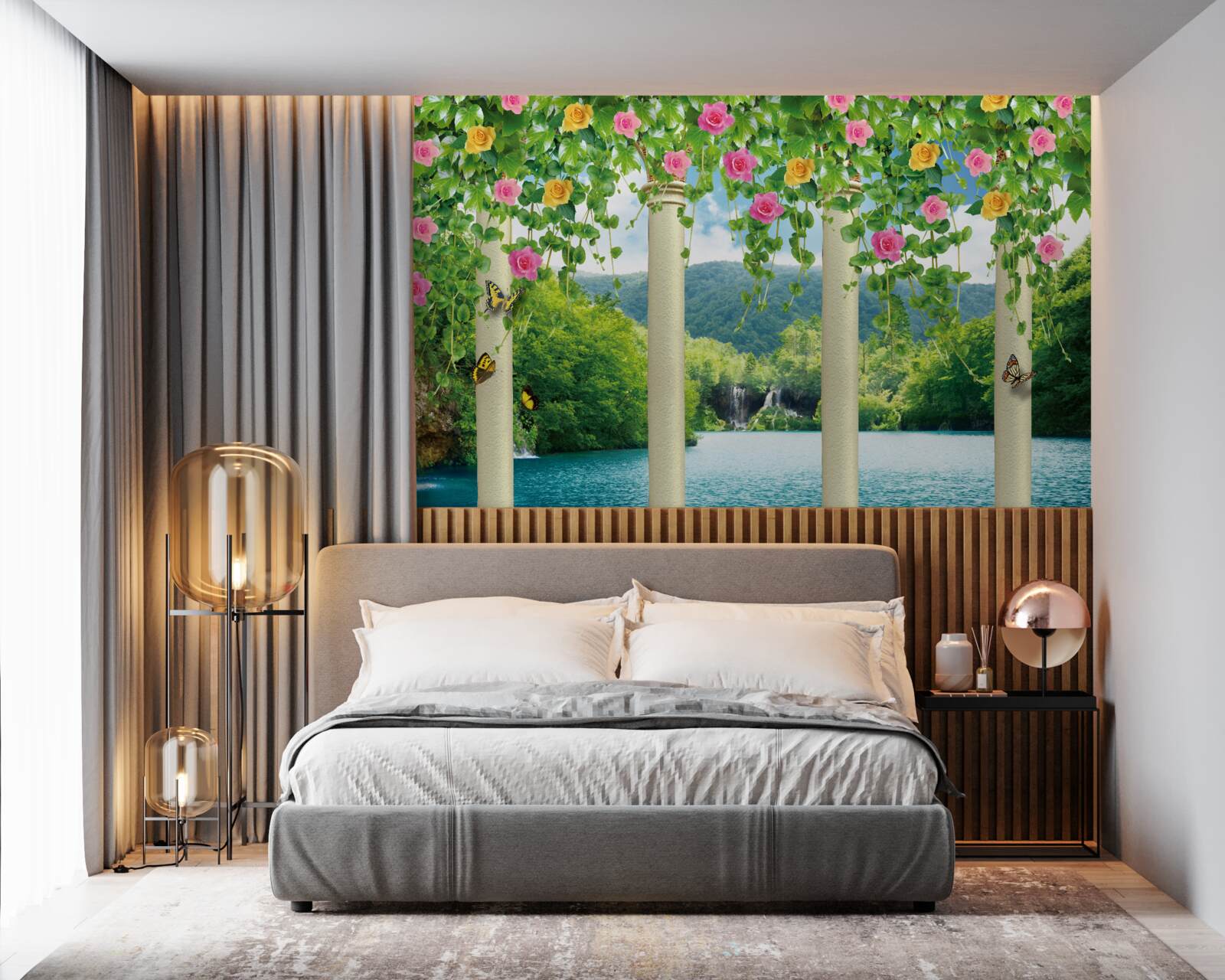 Fototapeta uroczy widok na wodospad poprzez kolory kwiatów