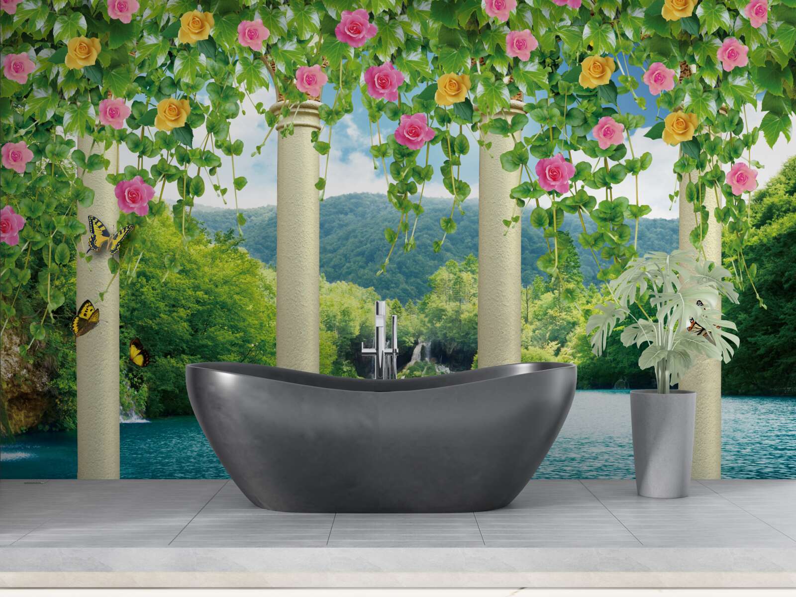 Fototapeta uroczy widok na wodospad poprzez kolory kwiatów