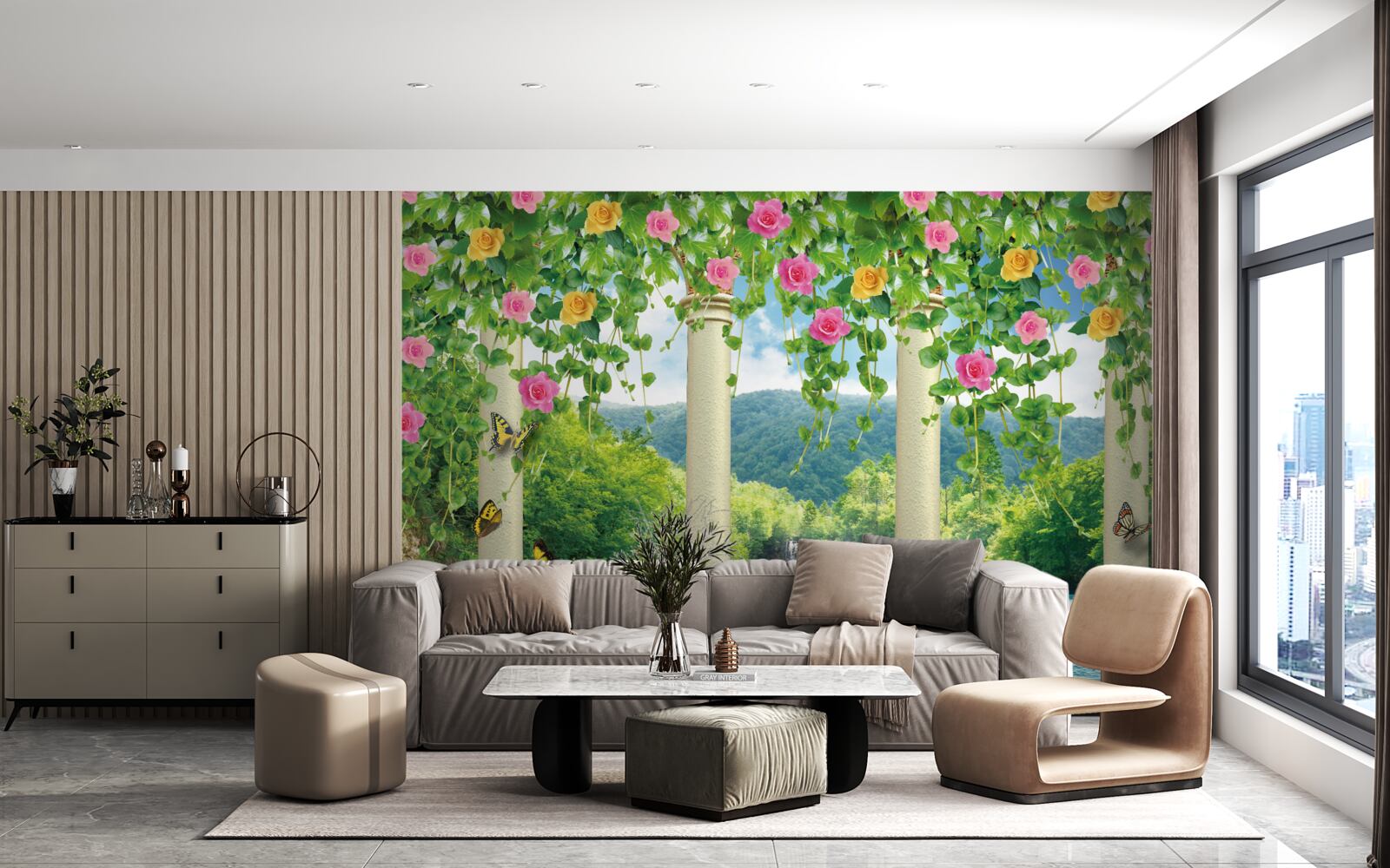 Fototapeta uroczy widok na wodospad poprzez kolory kwiatów