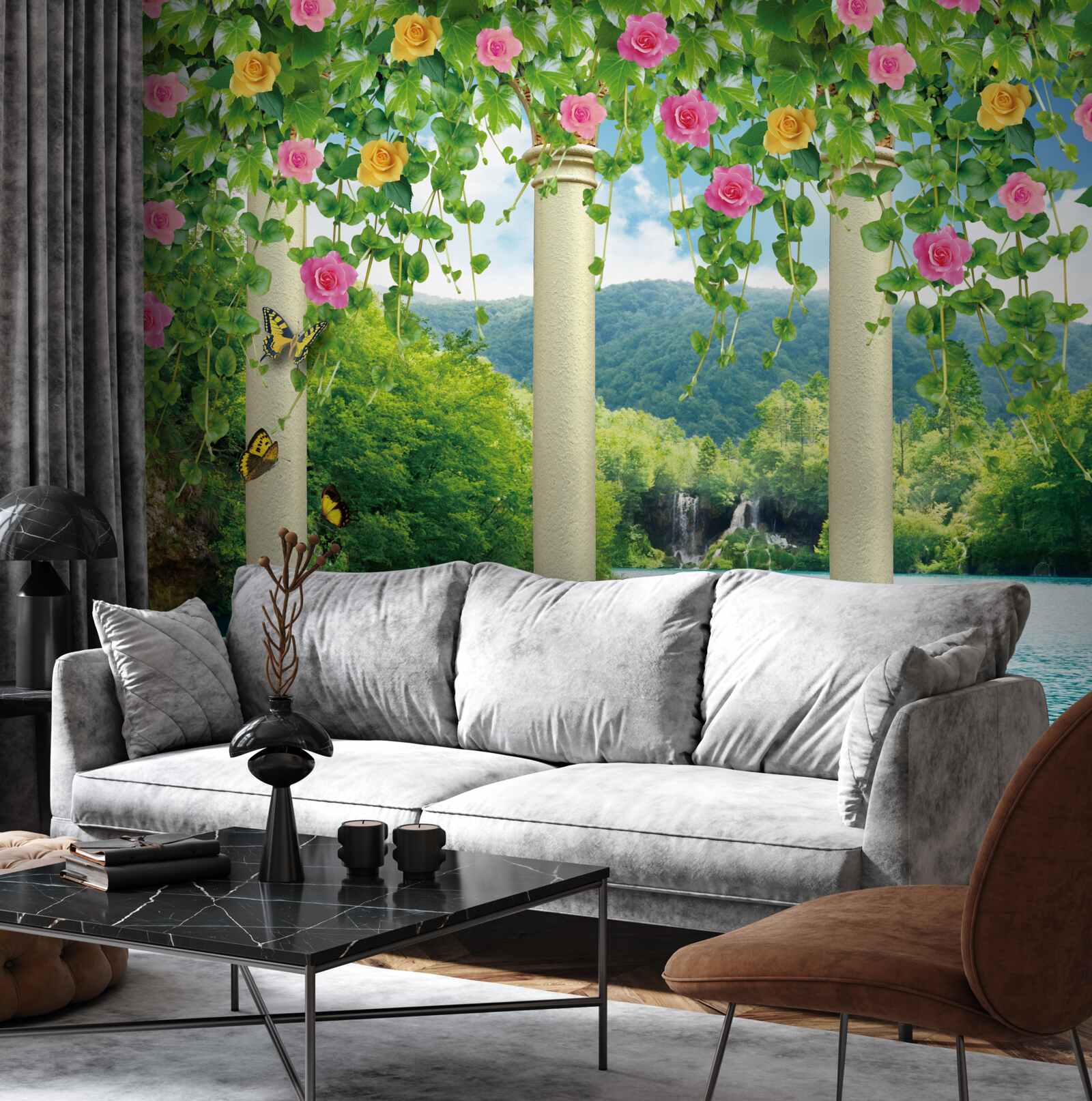 Fototapeta uroczy widok na wodospad poprzez kolory kwiatów