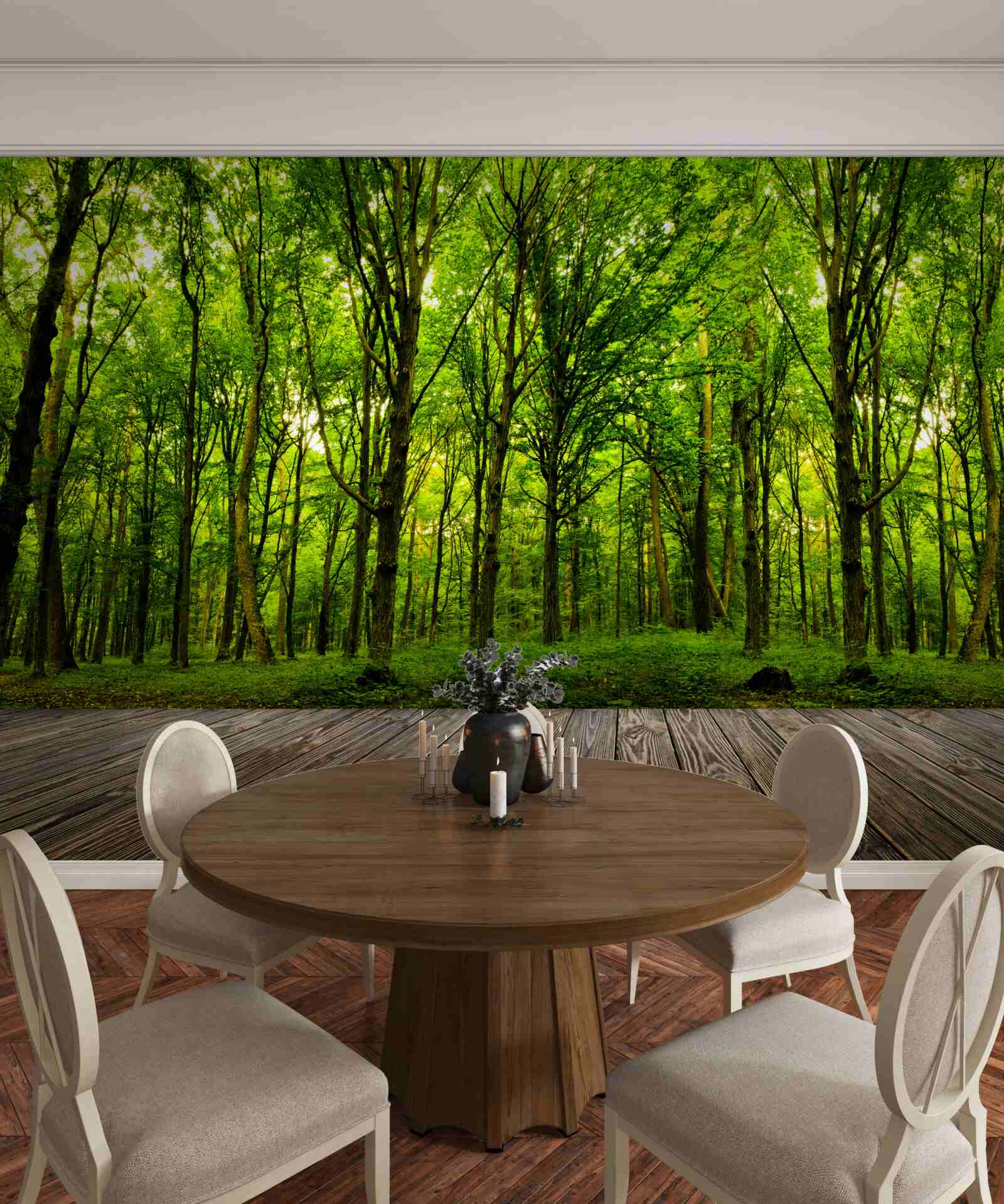 Fototapeta zielony las, smukły i bogaty, oświetlony promieniami słońca