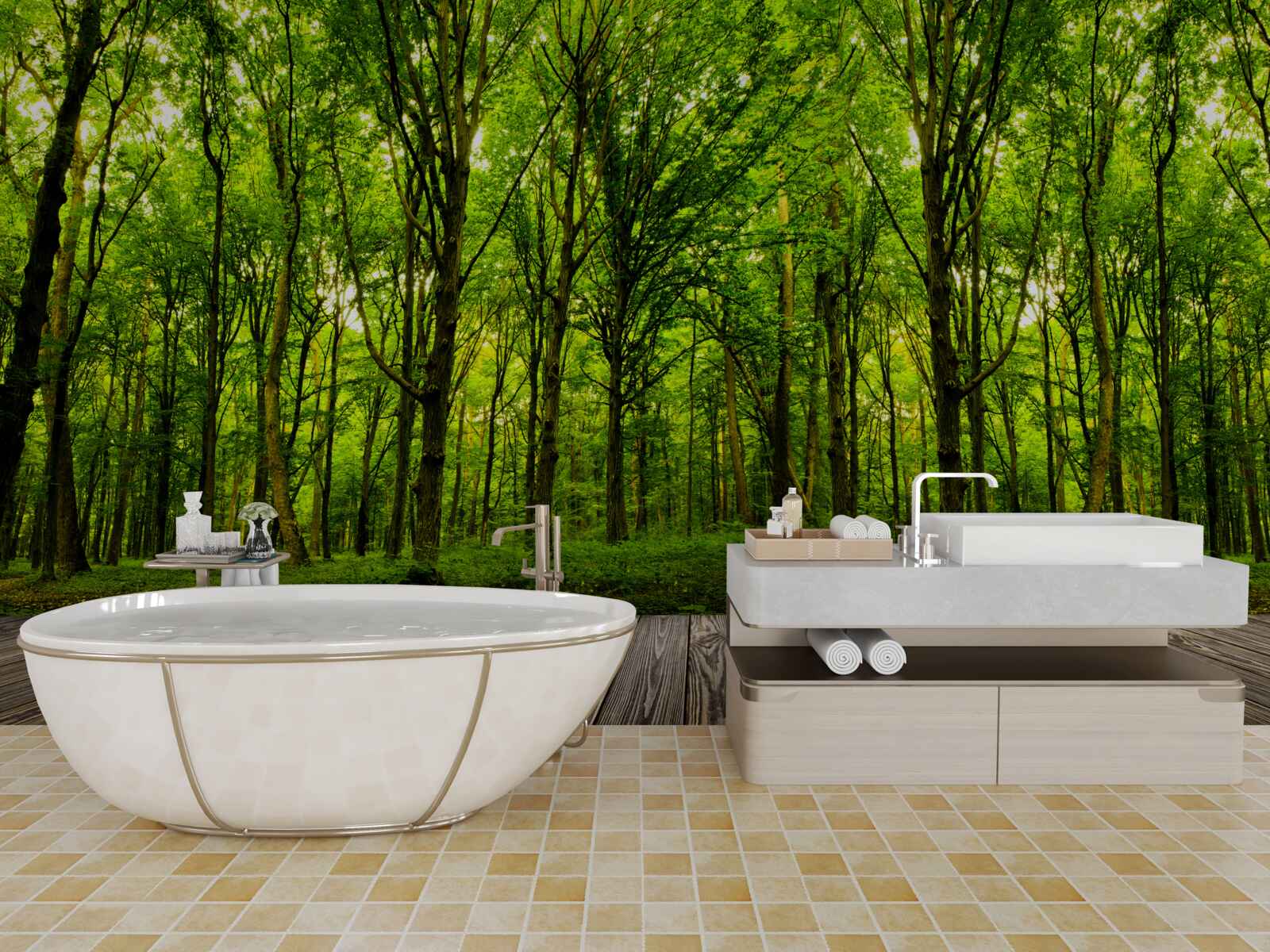 Fototapeta zielony las, smukły i bogaty, oświetlony promieniami słońca