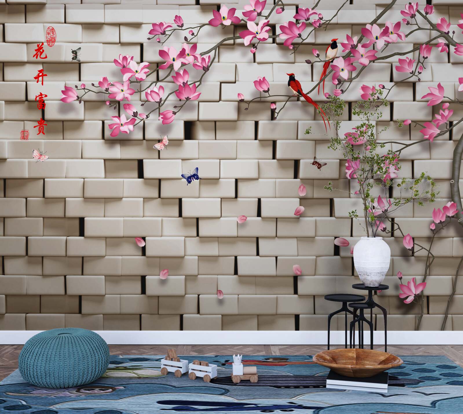 Fototapeta kamienna ściana i różowe kwiaty