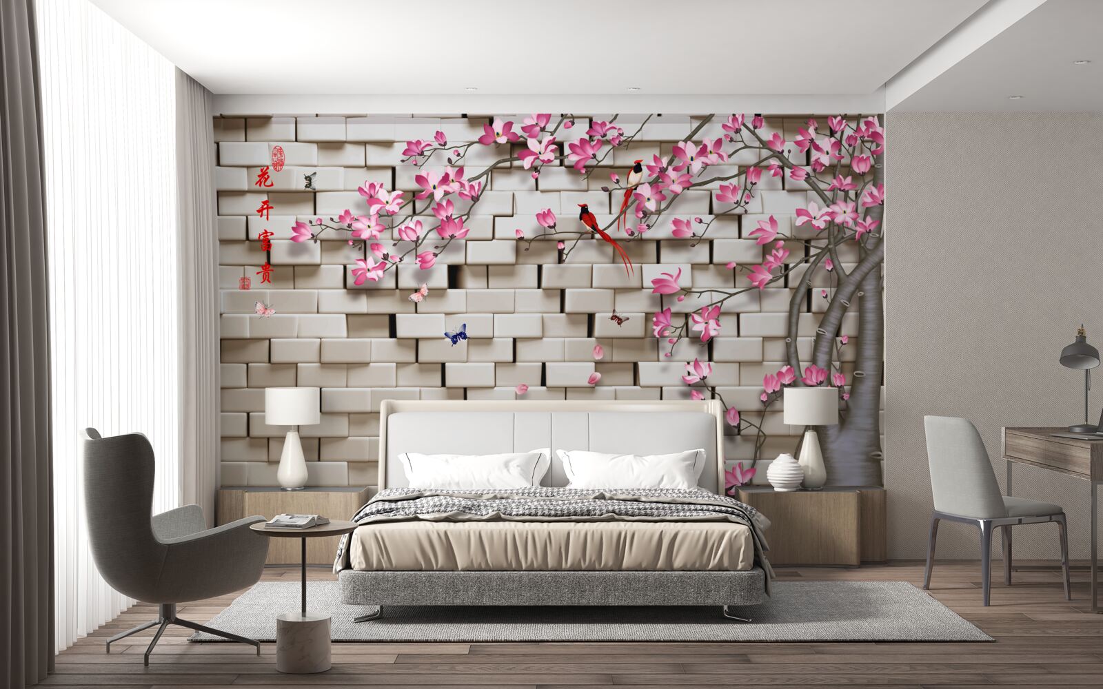 Fototapeta kamienna ściana i różowe kwiaty