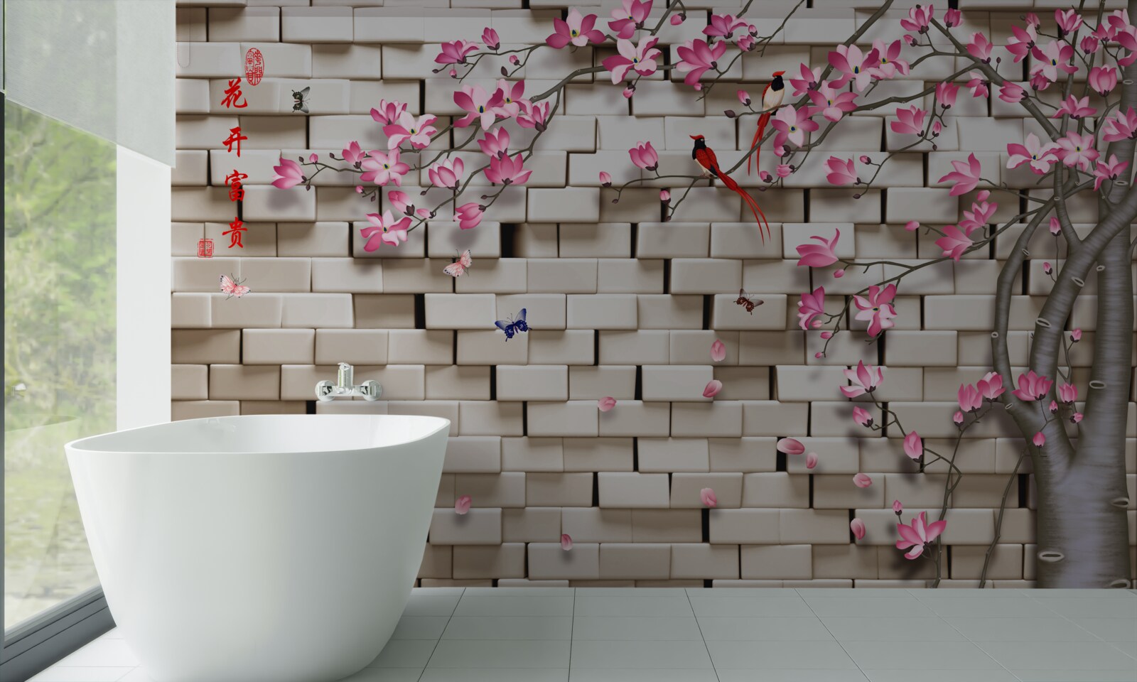 Fototapeta kamienna ściana i różowe kwiaty