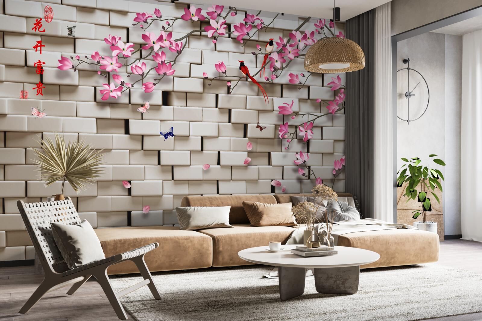 Fototapeta kamienna ściana i różowe kwiaty