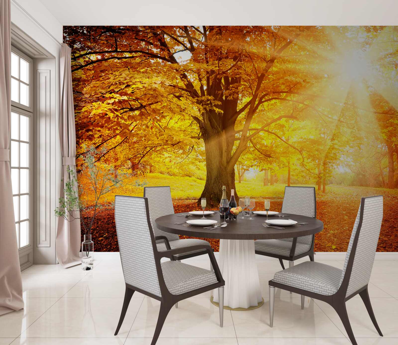 Fototapeta jasne światło słońca przenika przez jesienną mgłę lasu