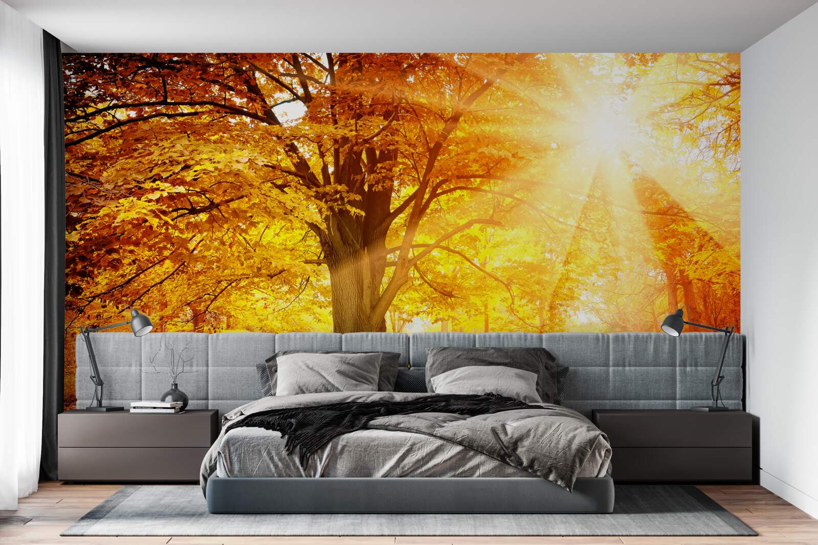 Fototapeta jasne światło słońca przenika przez jesienną mgłę lasu