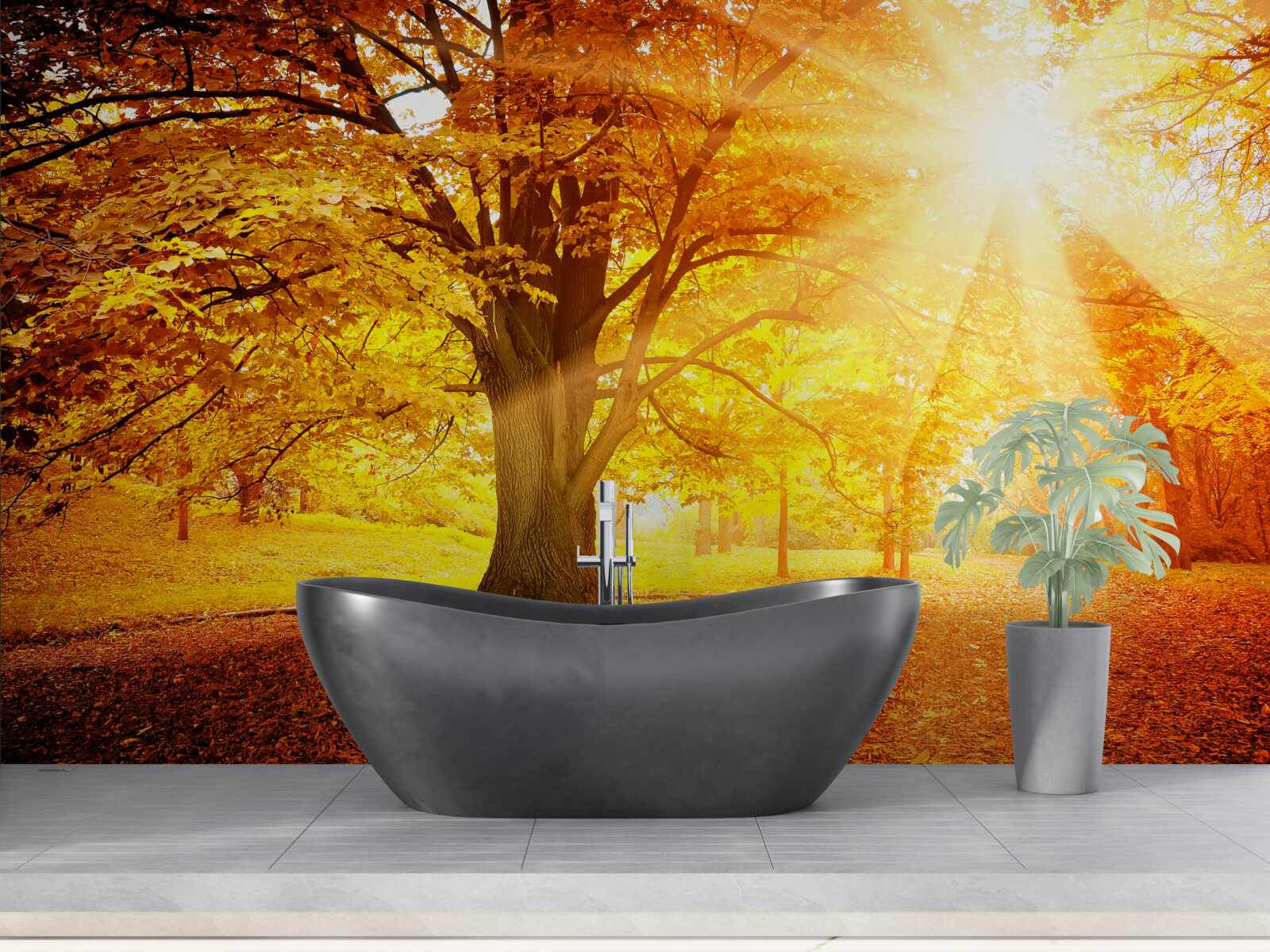 Fototapeta jasne światło słońca przenika przez jesienną mgłę lasu