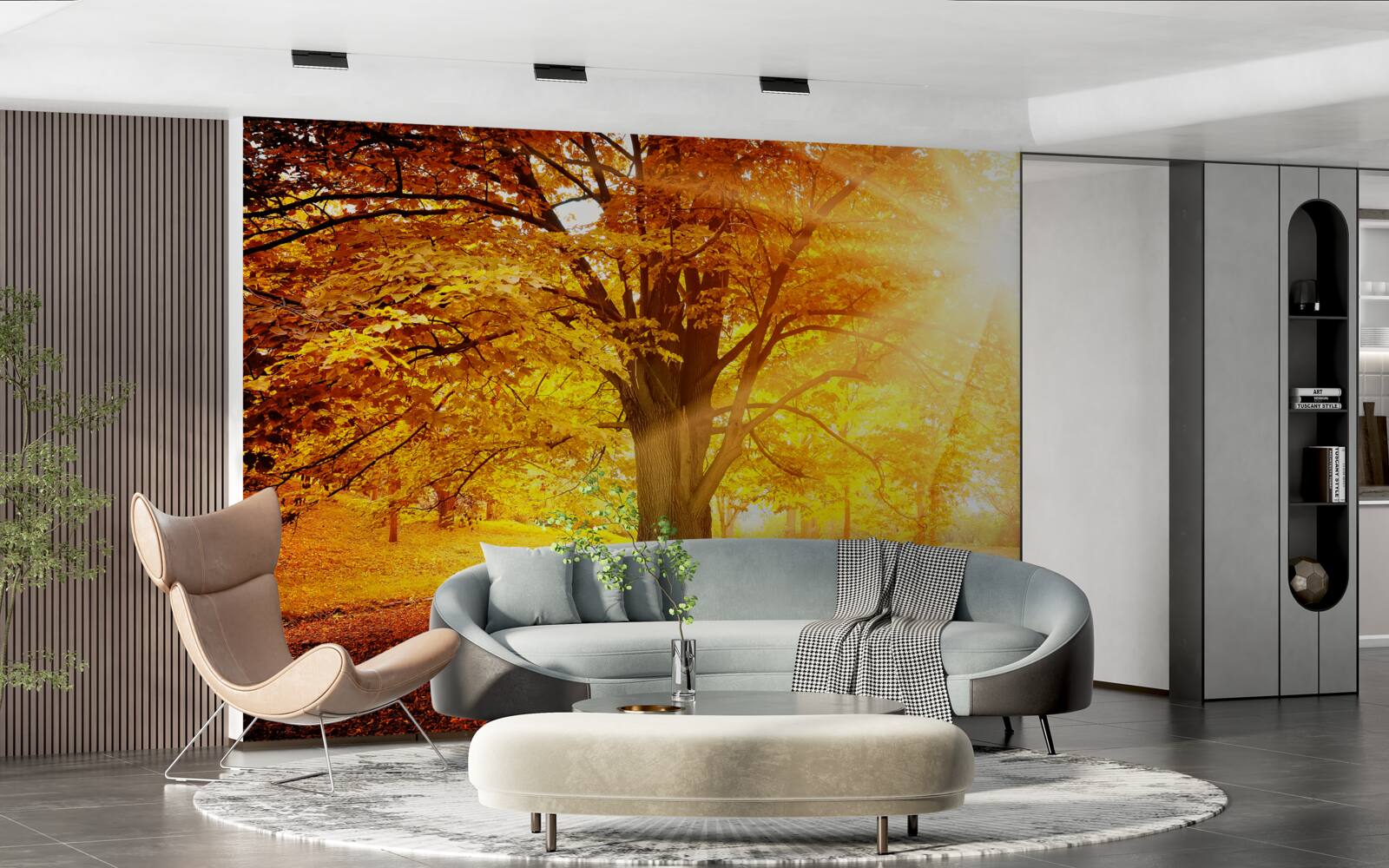 Fototapeta jasne światło słońca przenika przez jesienną mgłę lasu