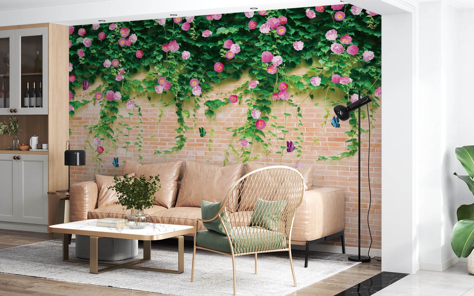 Fototapeta miękkie różowe róże na ścianie z cegły