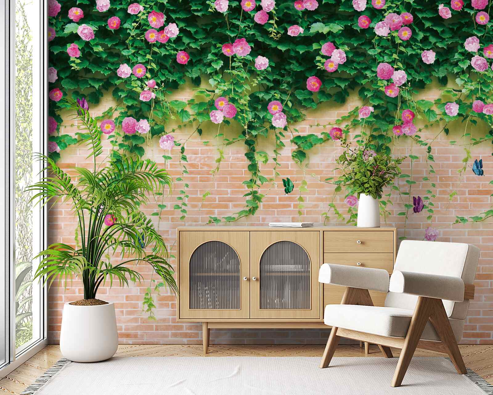 Fototapeta miękkie różowe róże na ścianie z cegły