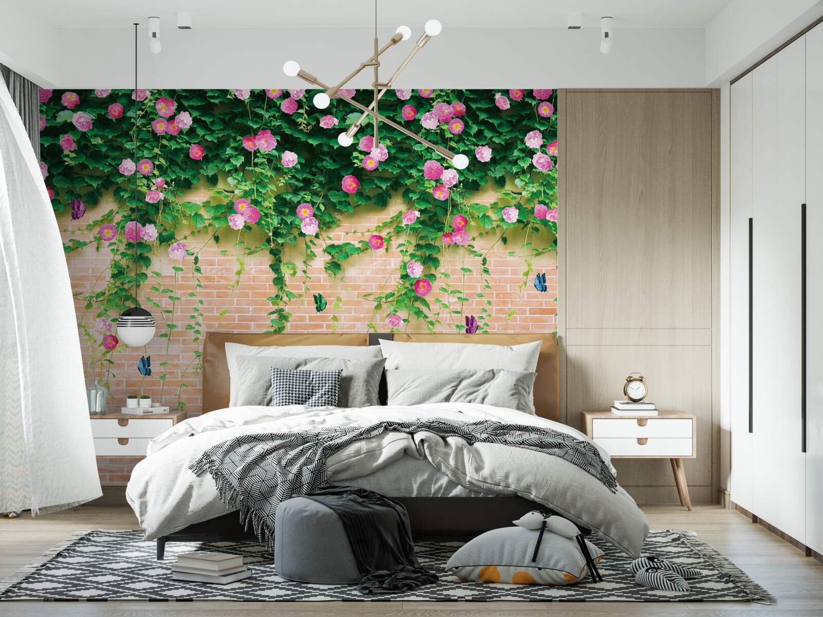 Fototapeta miękkie różowe róże na ścianie z cegły