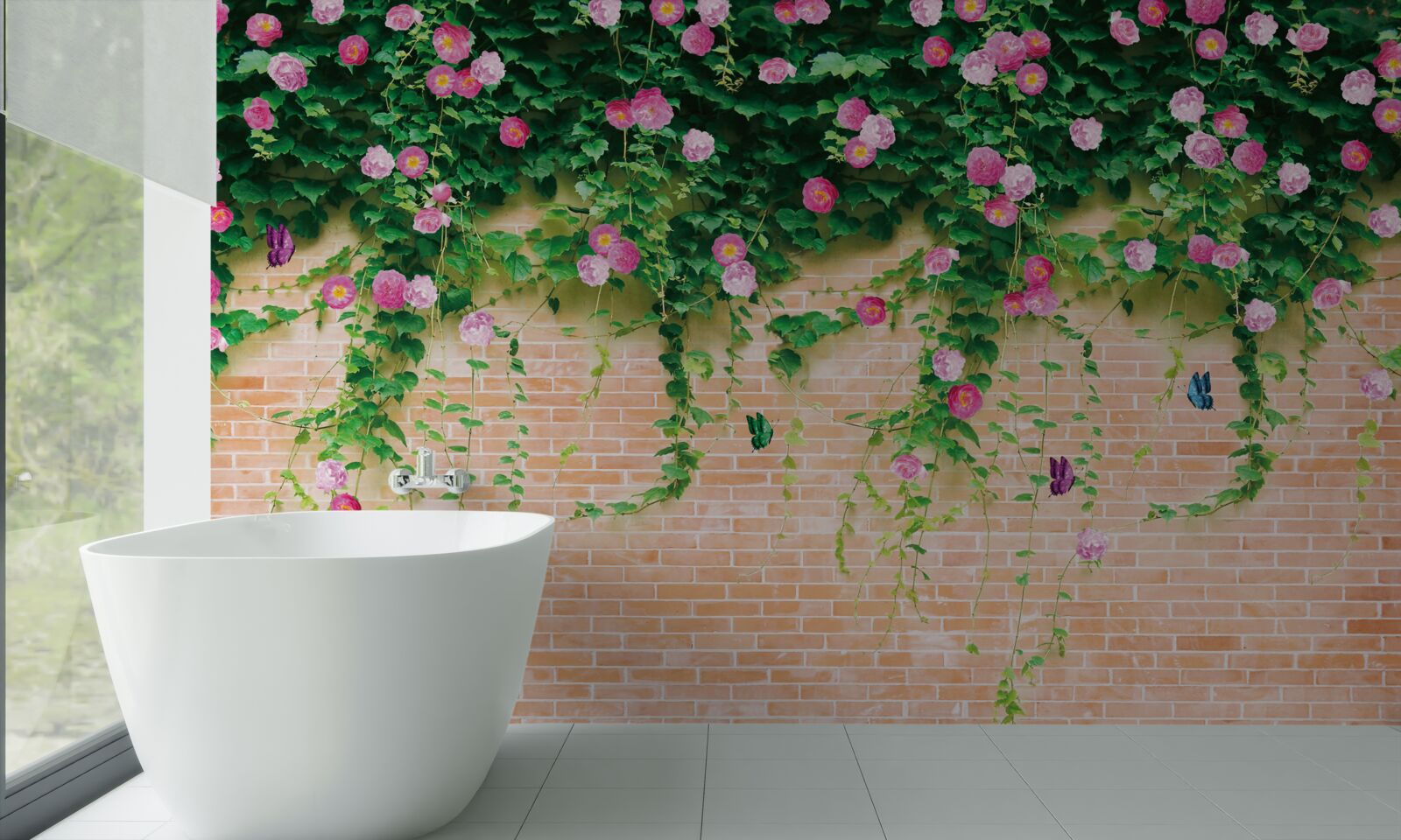 Fototapeta miękkie różowe róże na ścianie z cegły
