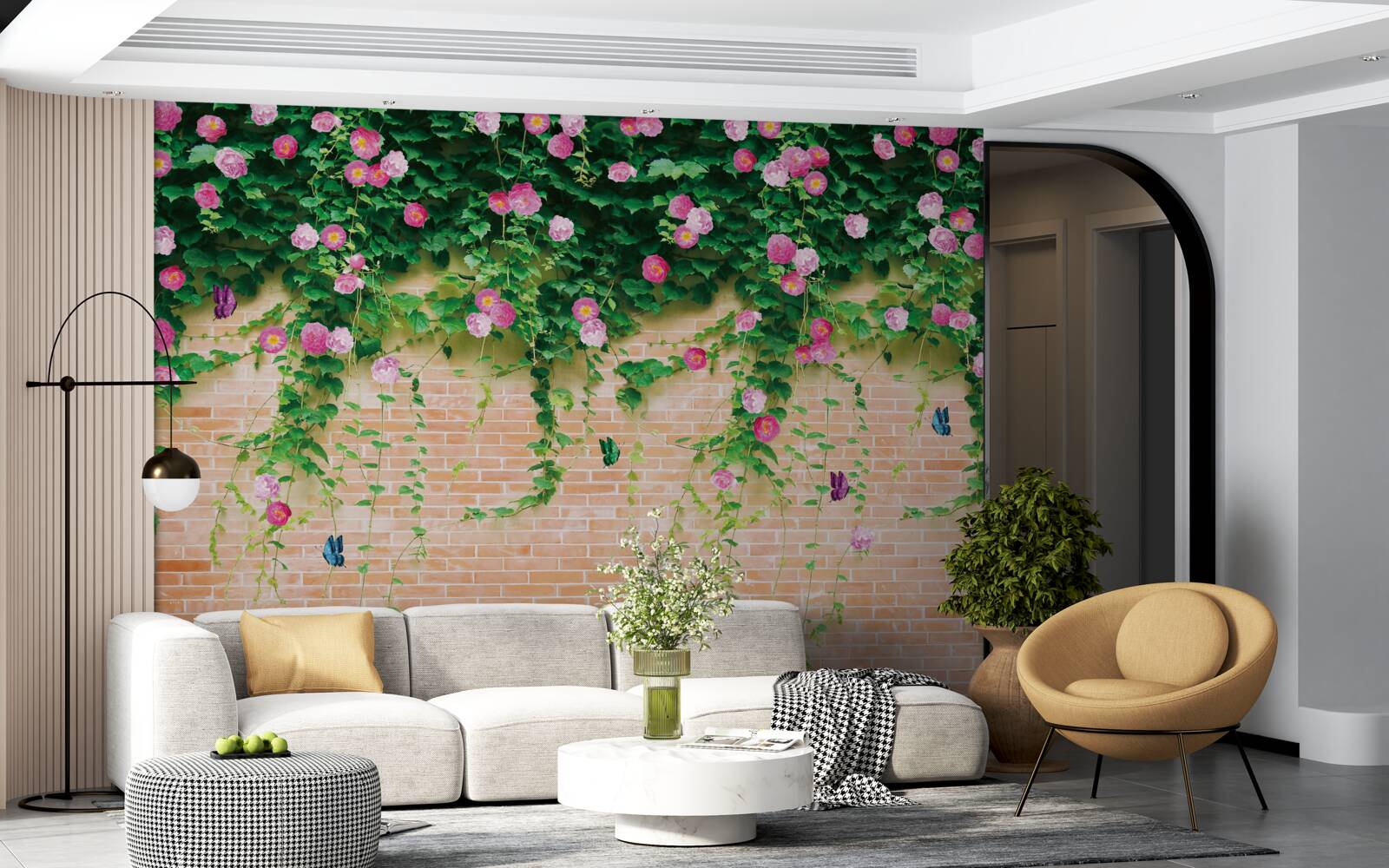 Fototapeta miękkie różowe róże na ścianie z cegły