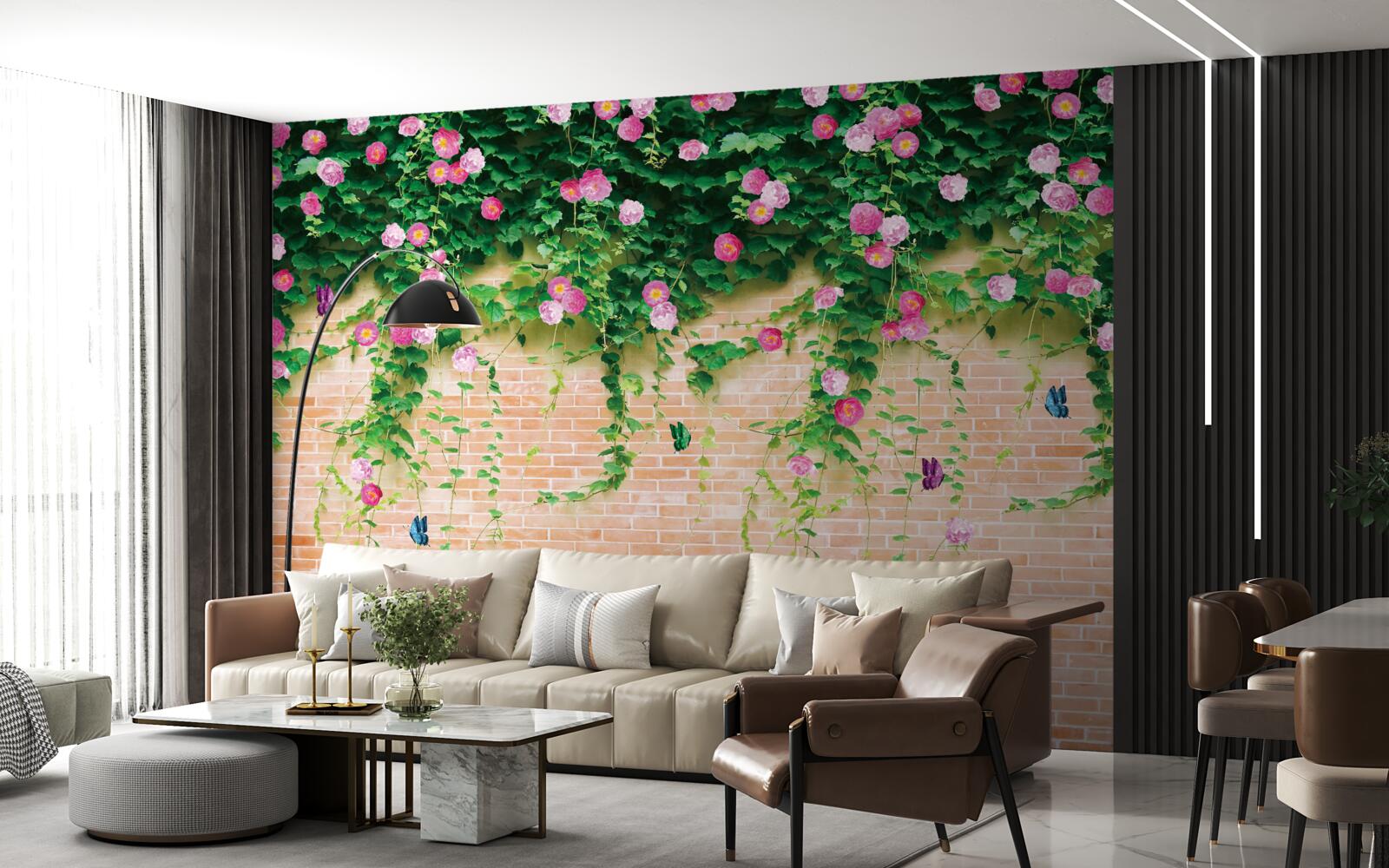 Fototapeta miękkie różowe róże na ścianie z cegły