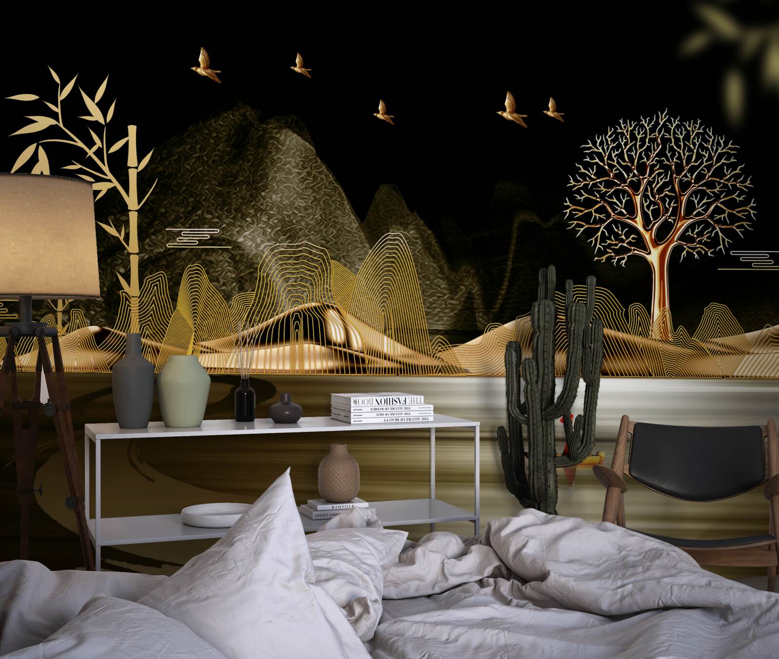 Fototapeta rybak stoi na brzegu wody w pobliżu złotego lasu