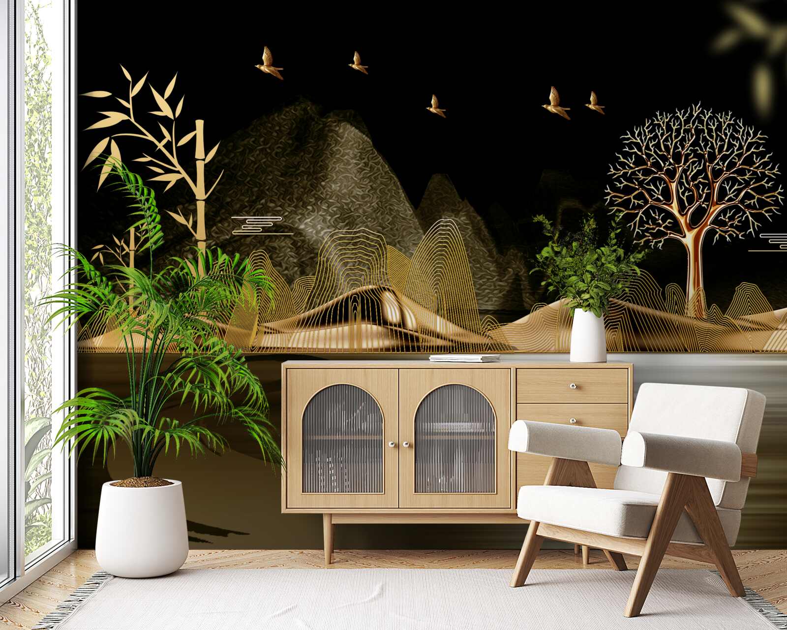 Fototapeta rybak stoi na brzegu wody w pobliżu złotego lasu