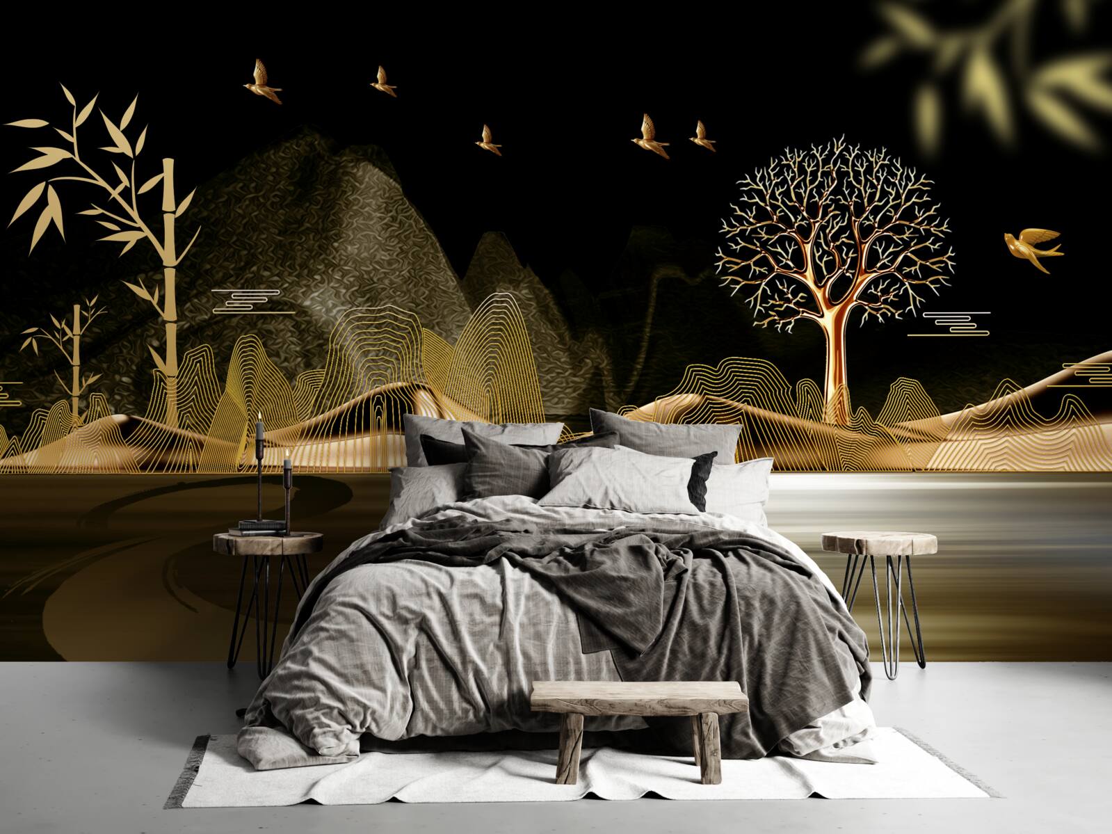 Fototapeta rybak stoi na brzegu wody w pobliżu złotego lasu