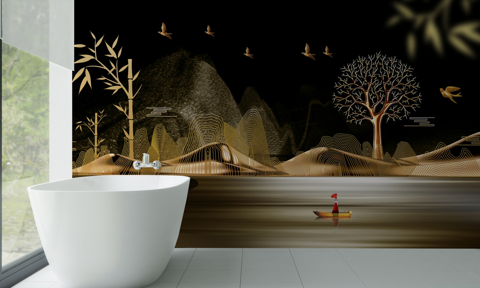 Fototapeta rybak stoi na brzegu wody w pobliżu złotego lasu