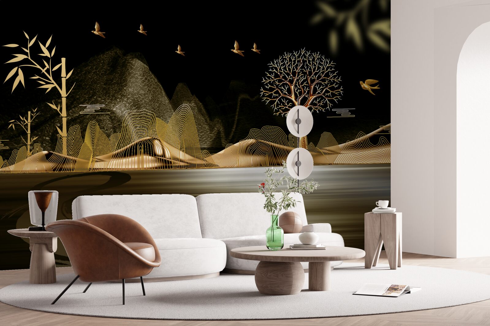 Fototapeta rybak stoi na brzegu wody w pobliżu złotego lasu