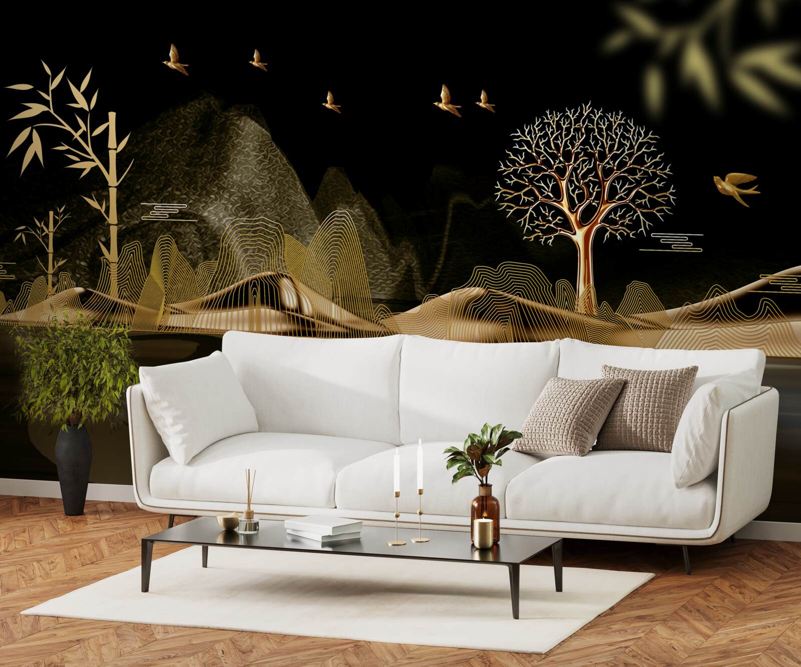 Fototapeta rybak stoi na brzegu wody w pobliżu złotego lasu