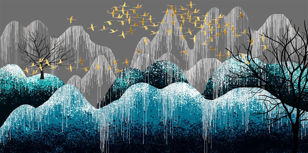 Fototapeta las nocą i ptaki latające w złotym brokacie