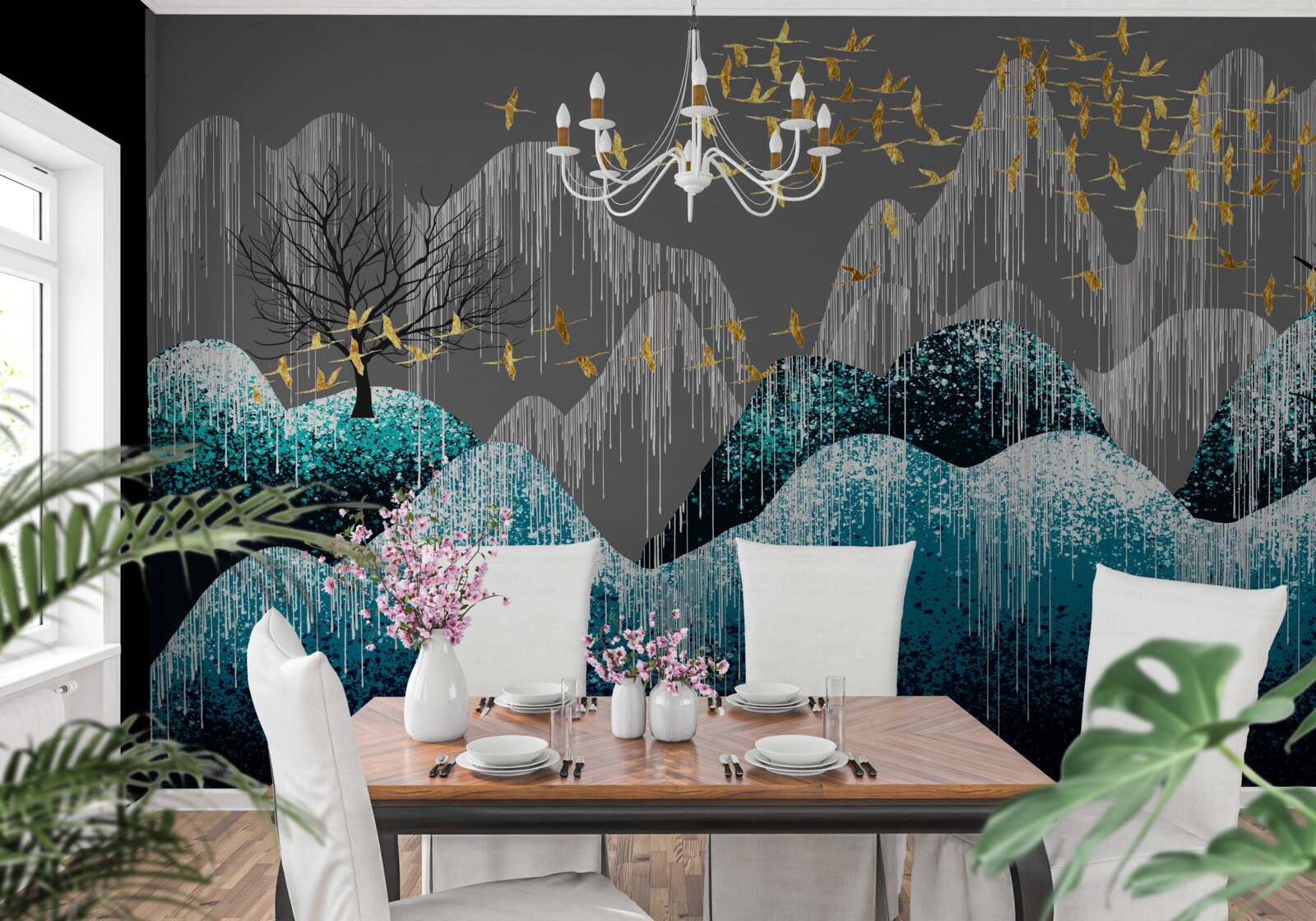 Fototapeta las nocą i ptaki latające w złotym brokacie