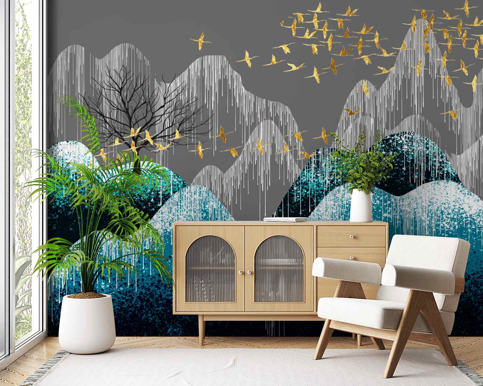 Fototapeta las nocą i ptaki latające w złotym brokacie