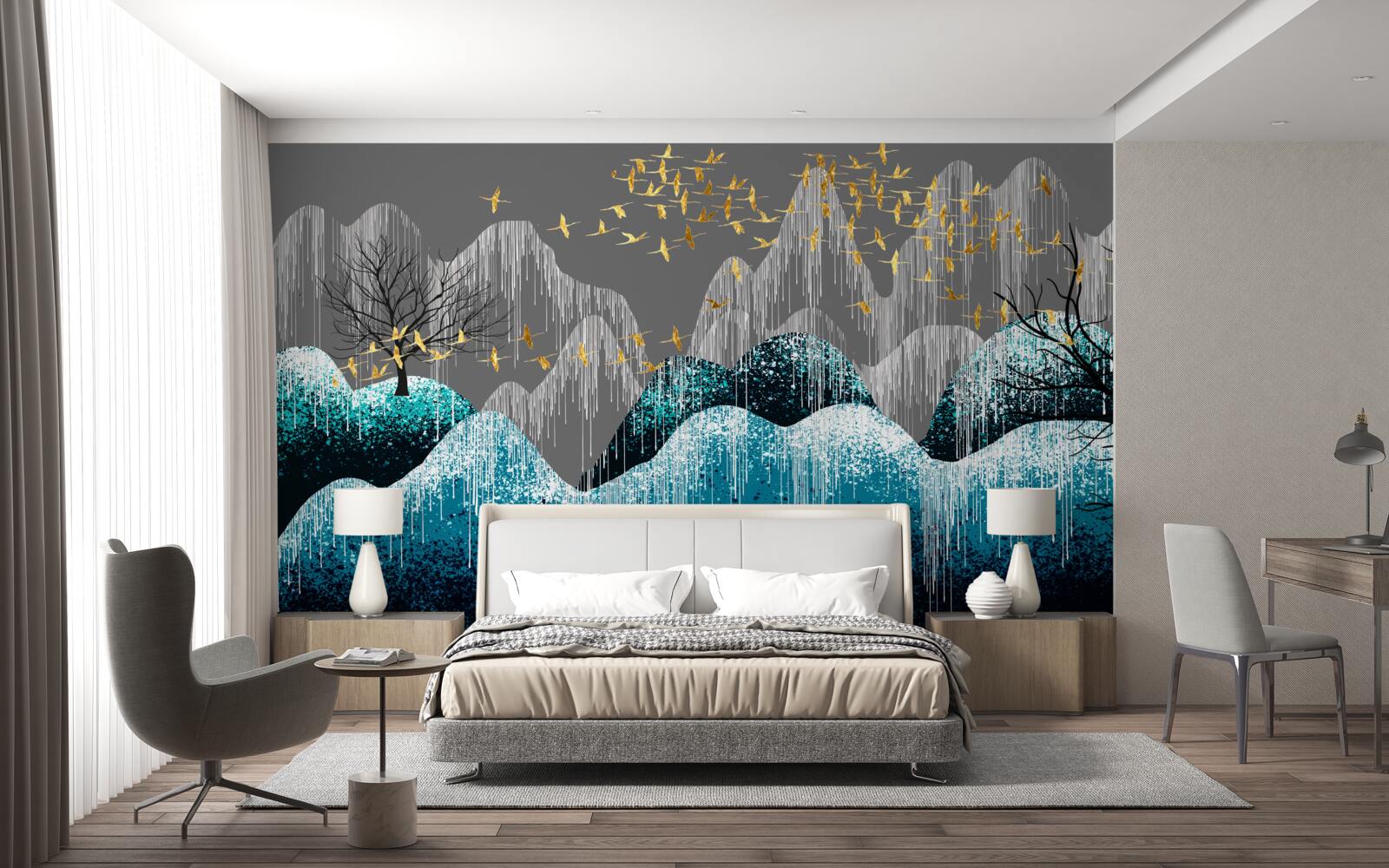 Fototapeta las nocą i ptaki latające w złotym brokacie