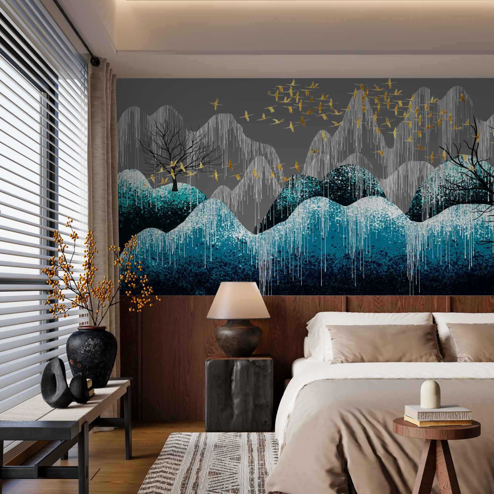 Fototapeta las nocą i ptaki latające w złotym brokacie