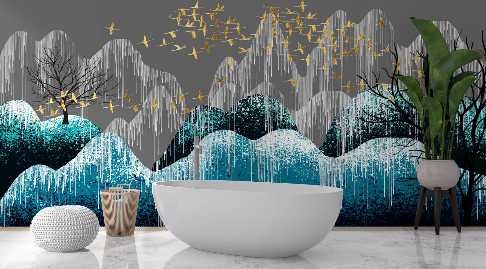 Fototapeta las nocą i ptaki latające w złotym brokacie