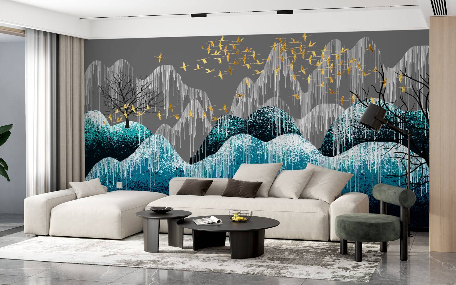 Fototapeta las nocą i ptaki latające w złotym brokacie