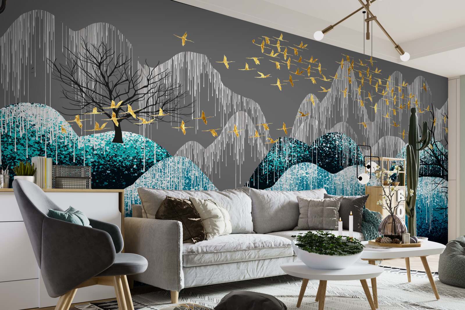 Fototapeta las nocą i ptaki latające w złotym brokacie