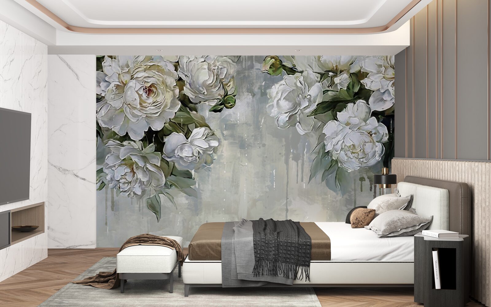 Fototapeta na betonowej ścianie są duże białe kwiaty