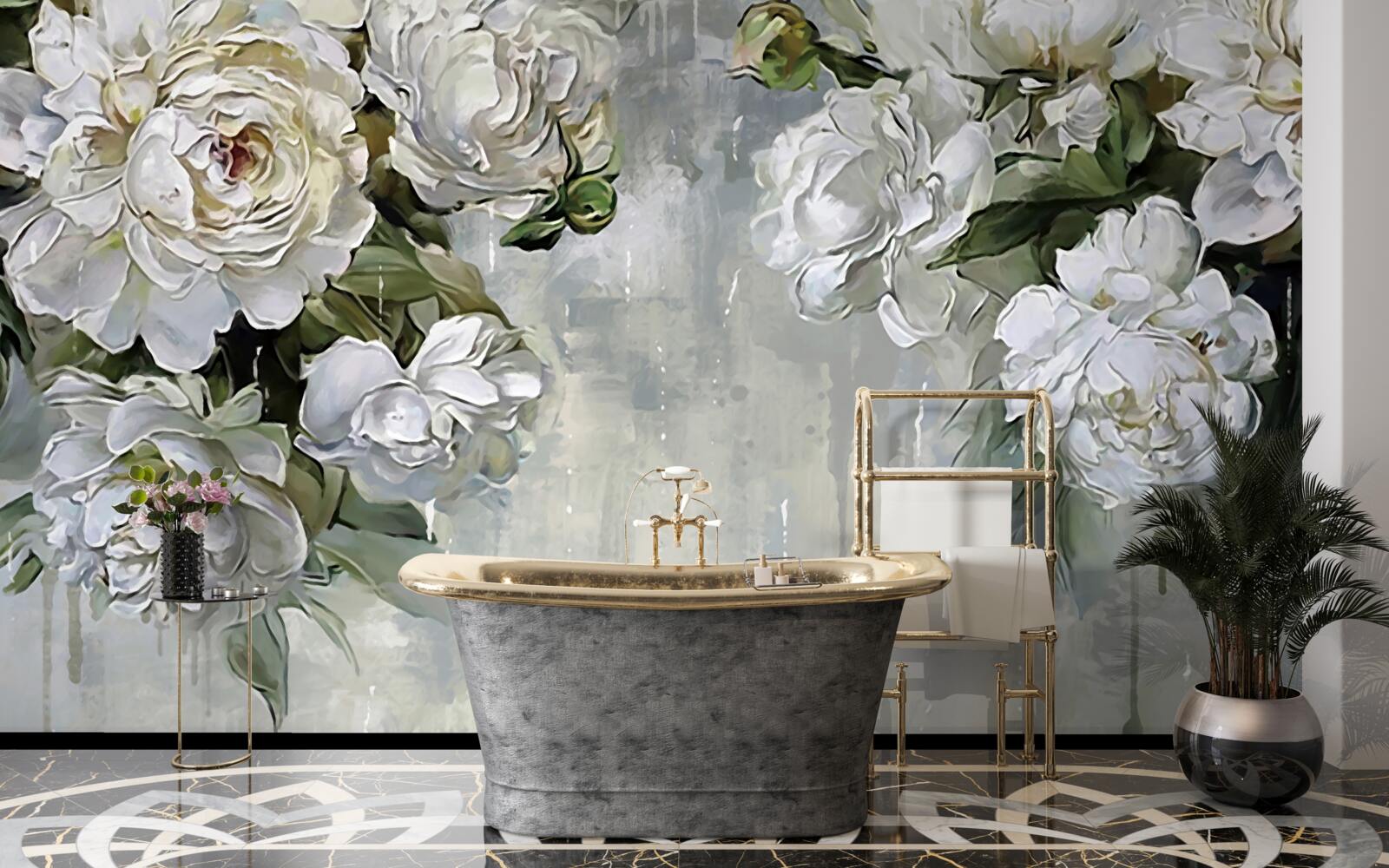 Fototapeta na betonowej ścianie są duże białe kwiaty