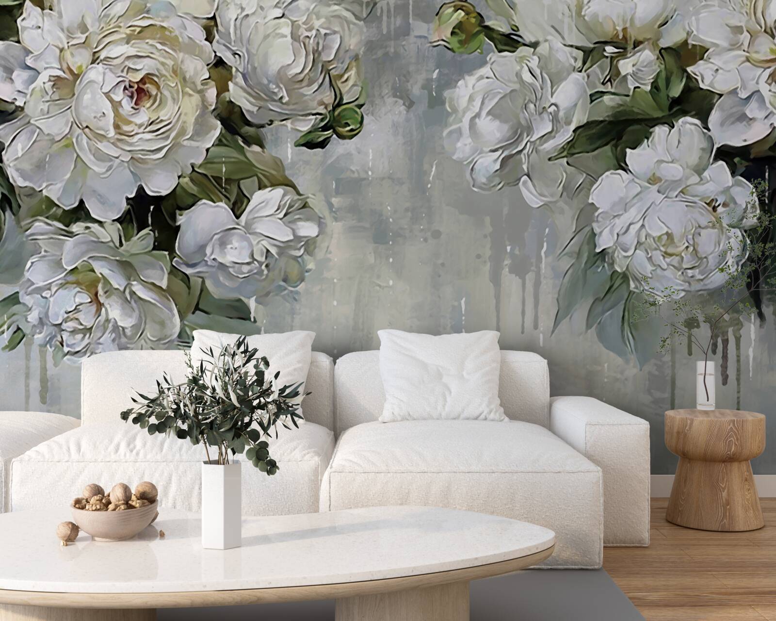 Fototapeta na betonowej ścianie są duże białe kwiaty