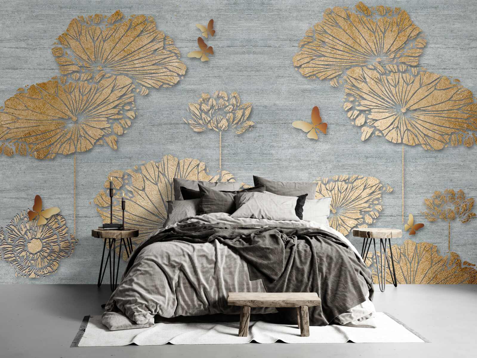 Fototapeta motyle i złote liście na powierzchni wody